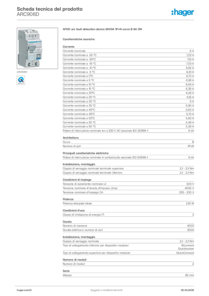 Immagine Hager Scheda tecnica del prodotto ARC906D | Hager Italia
