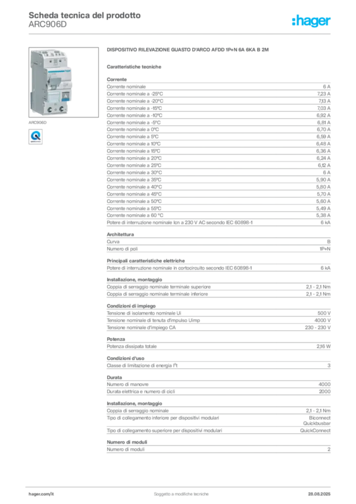 Immagine Hager Scheda tecnica del prodotto ARC906D | Hager Italia