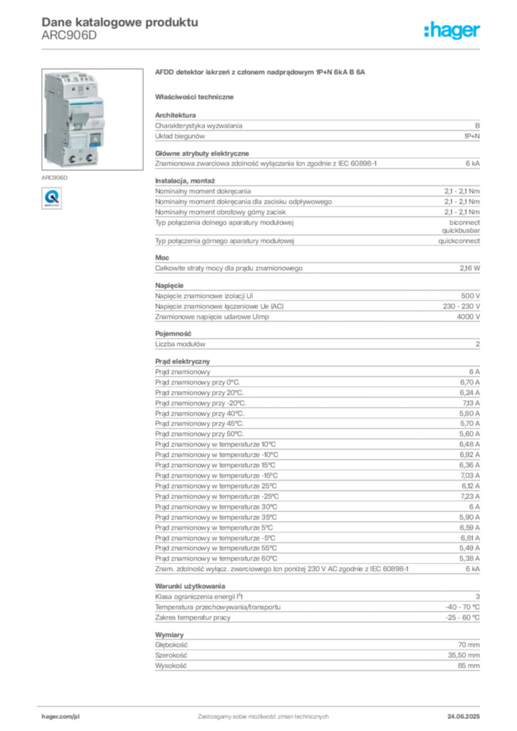 Zdjęcie Hager Dane katalogowe produktu ARC906D | Hager Polska
