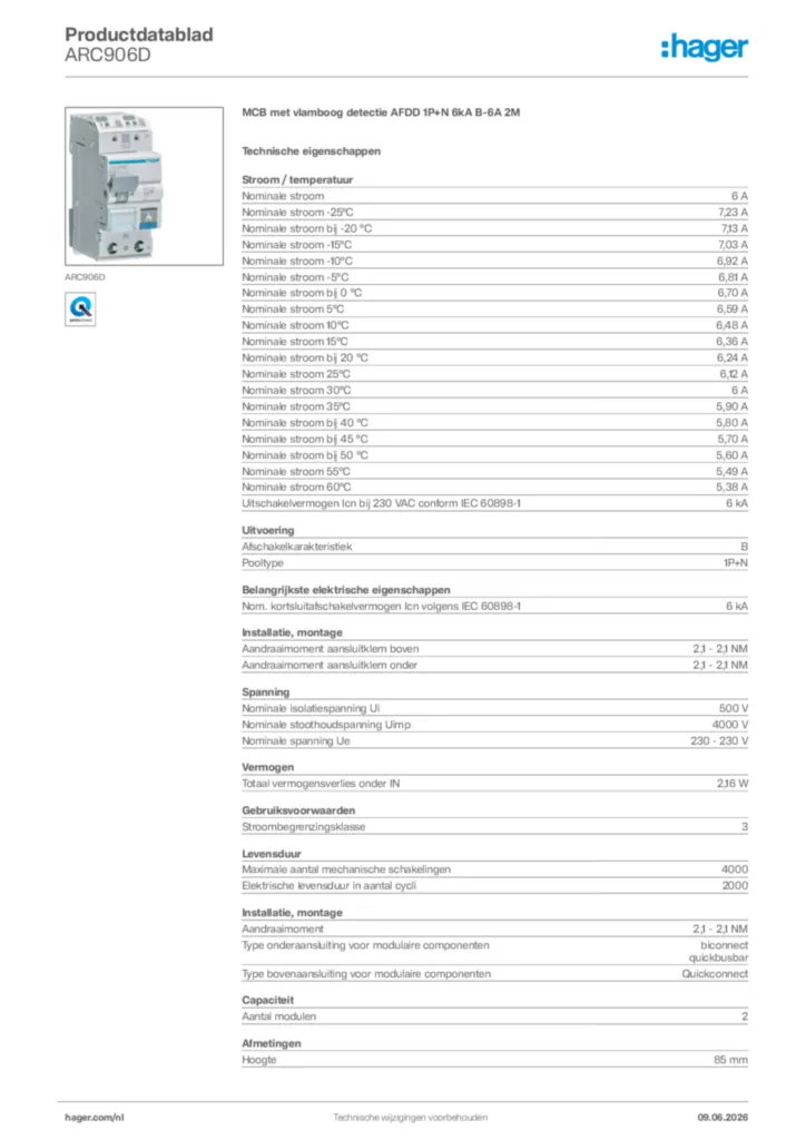 Afbeelding Hager Productdatablad ARC906D | Hager Nederland