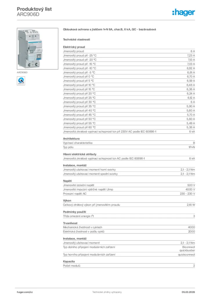 Obrázek Hager Product data sheet ARC906D | Hager