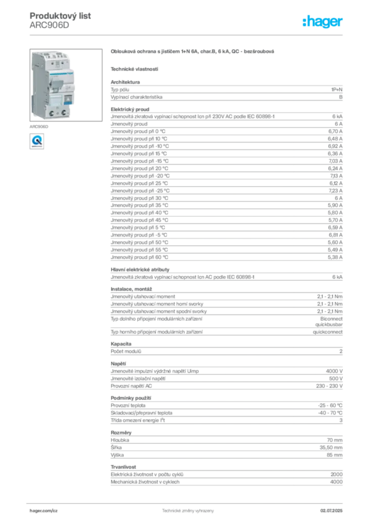 Obrázek Hager Produktový list ARC906D | Hager