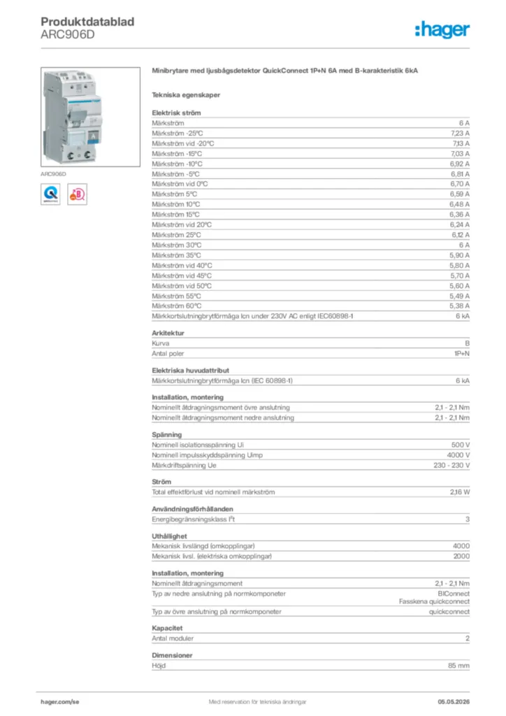 Bild Hager Produktdatablad ARC906D | Hager Sverige