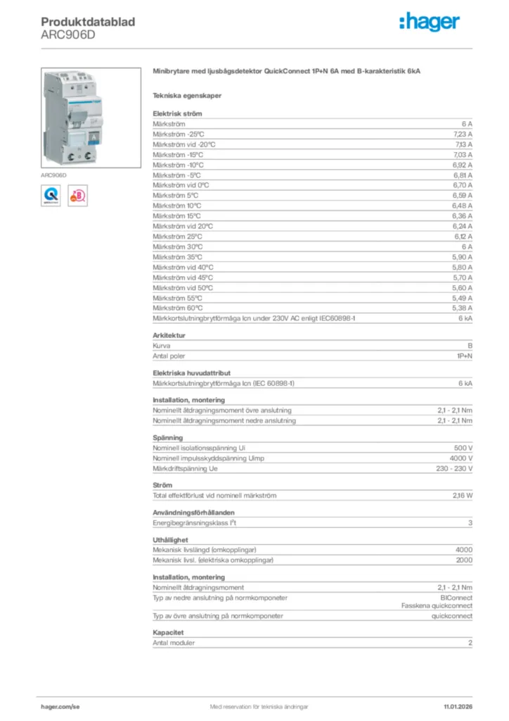 Bild Hager Produktdatablad ARC906D | Hager Sverige