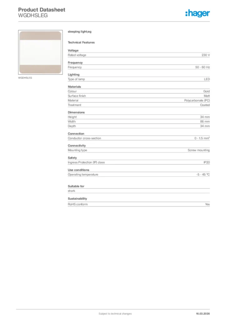 Image Hager Product data sheet WGDHSLEG  | Hager Africa