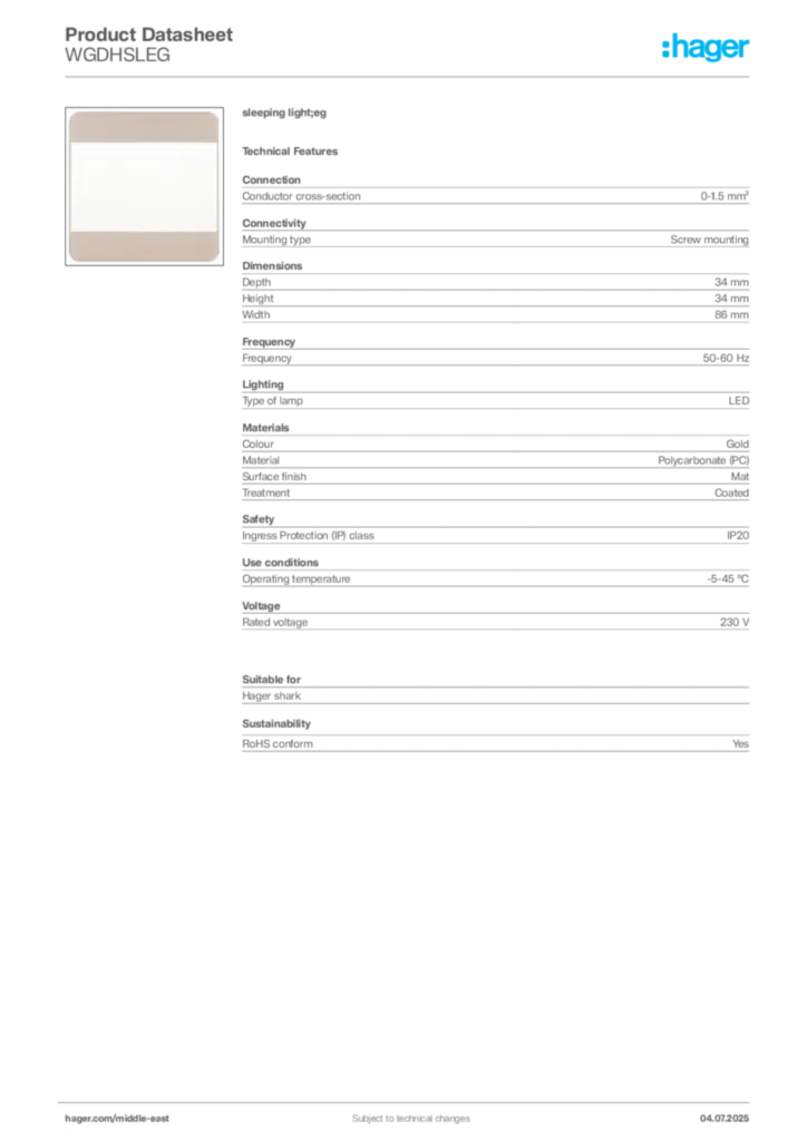 Image Hager Product data sheet WGDHSLEG  | Hager