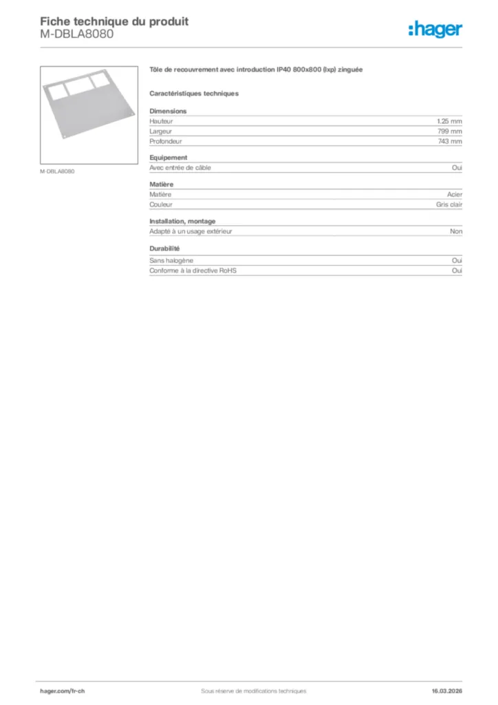 Image Hager Fiche technique du produit M-DBLA8080 | Hager Suisse