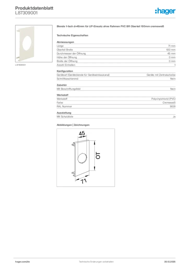 Bild Hager Produktdatenblatt L87309001 | Hager Deutschland