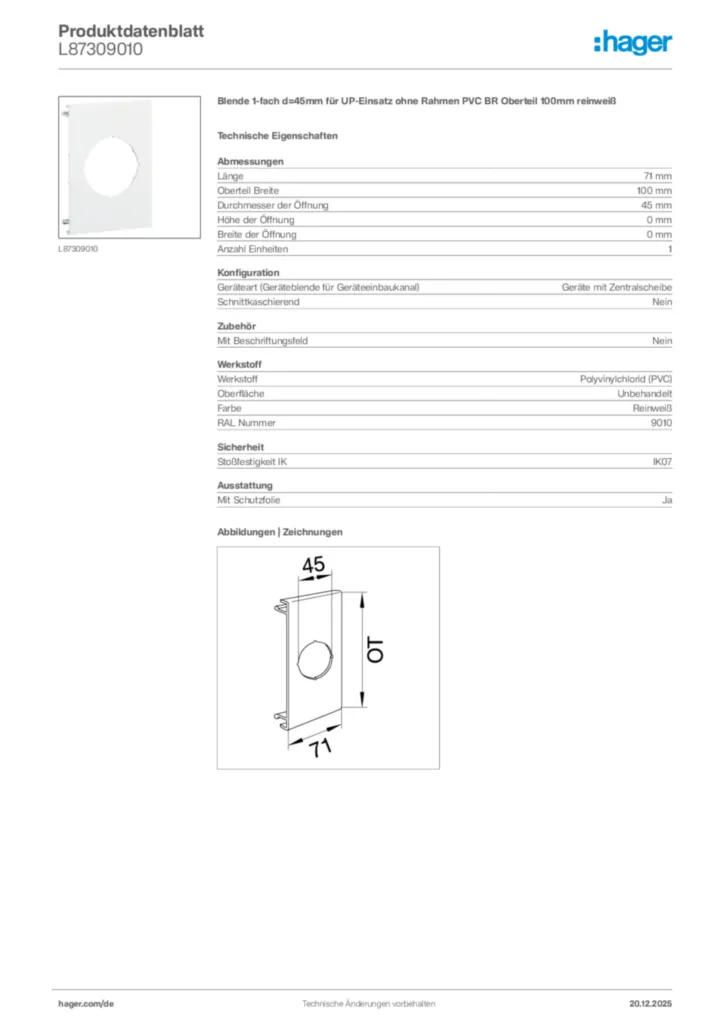 Bild Hager Produktdatenblatt L87309010 | Hager Deutschland