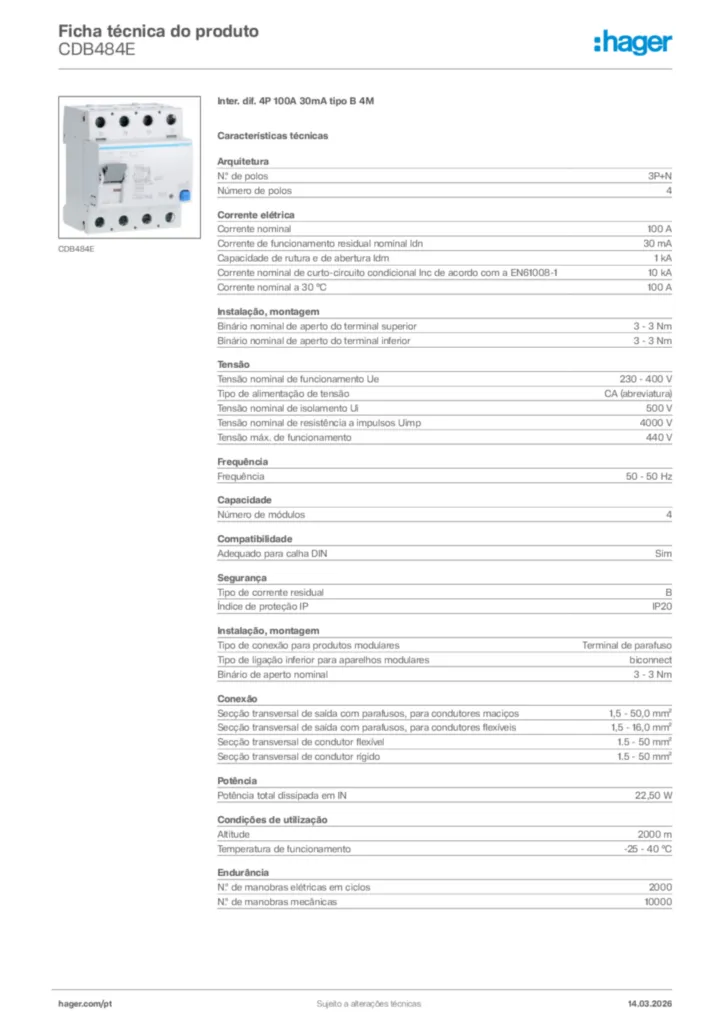 Imagem Hager Ficha técnica do produto CDB484E | Hager Portugal