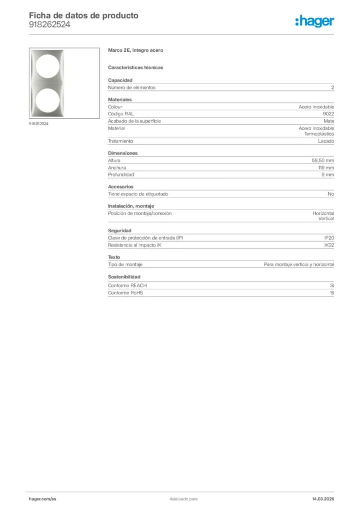 Imagen Hager Ficha de datos de producto 918262524 | Hager España