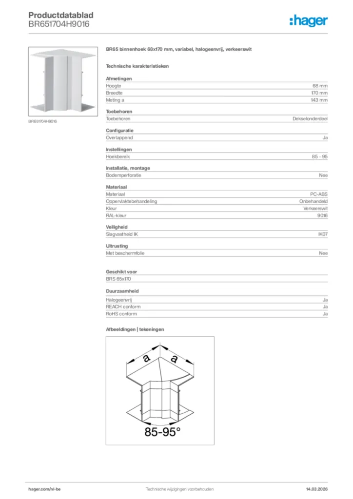 Afbeelding Hager Productdatablad BR651704H9016 | Hager Belgium