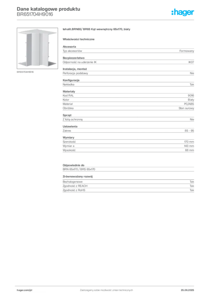 Zdjęcie Hager Dane katalogowe produktu BR651704H9016 | Hager Polska