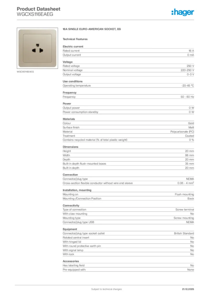 Image Hager Product data sheet WGCXS116EAEG  | Hager Africa