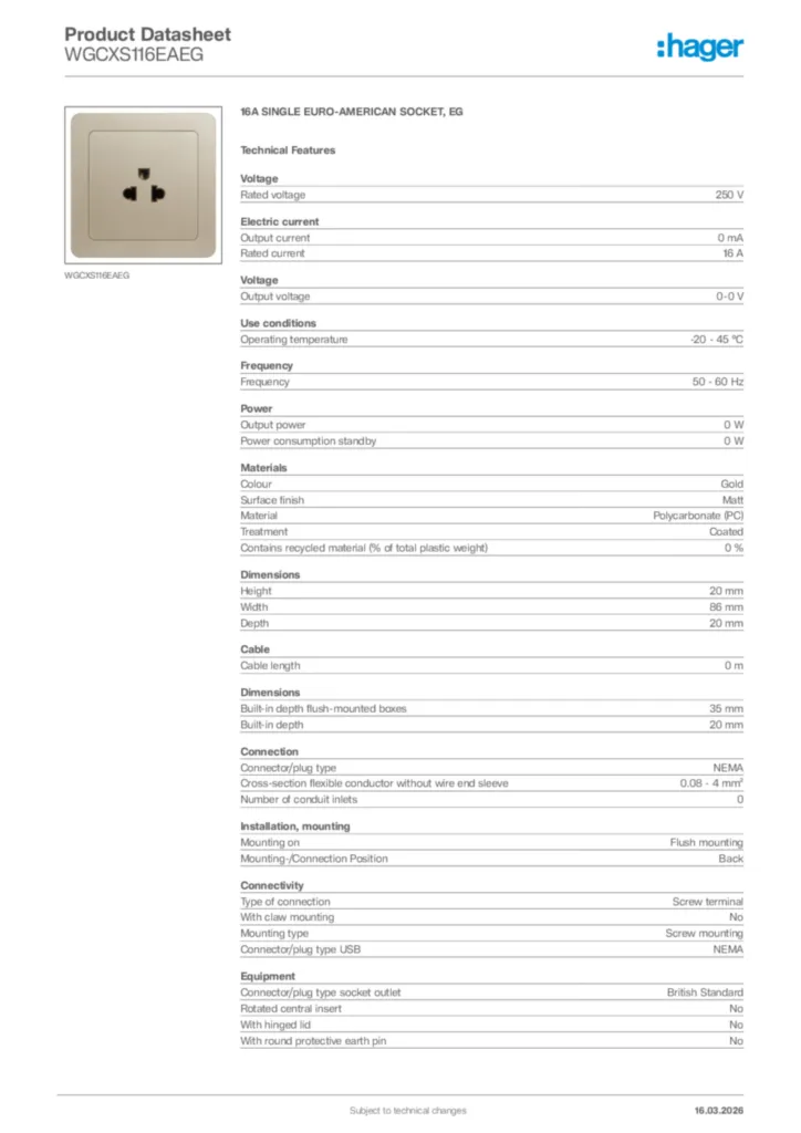 Image Hager Product data sheet WGCXS116EAEG  | Hager Africa