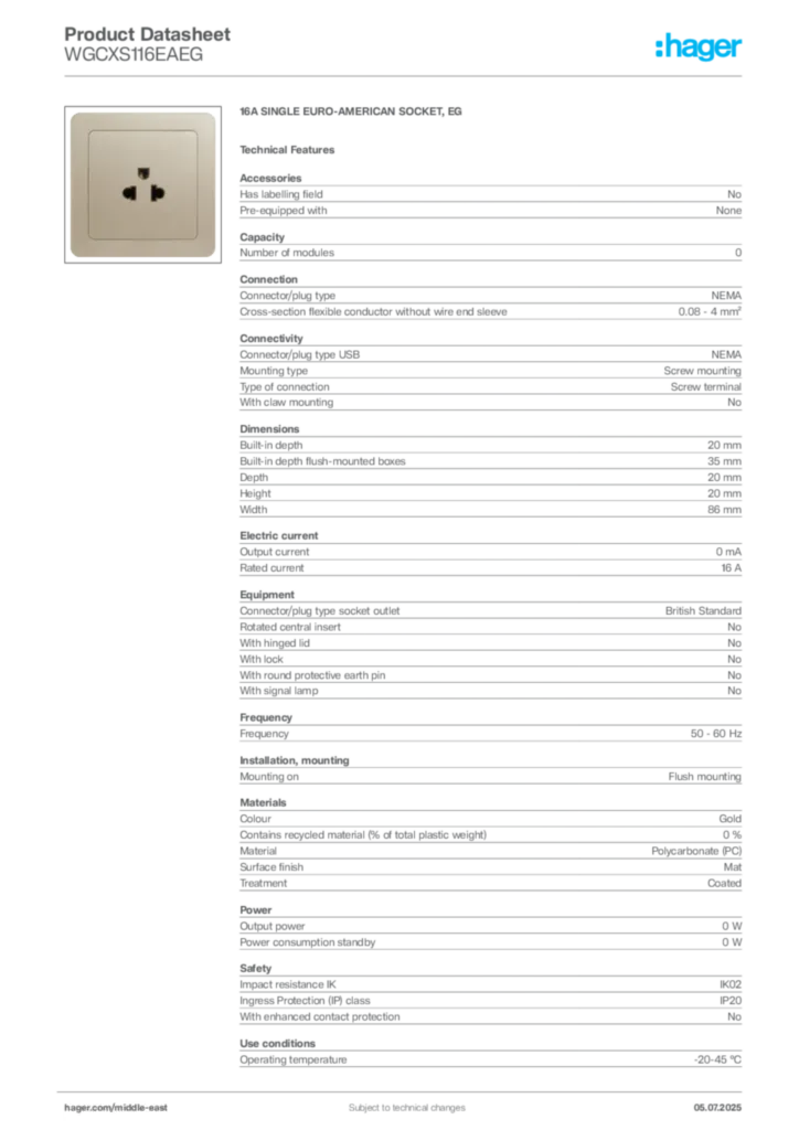 Image Hager Product data sheet WGCXS116EAEG  | Hager