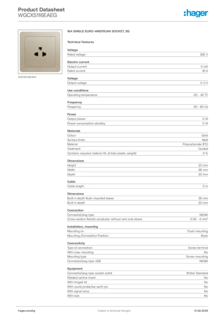 Image Hager Product data sheet WGCXS116EAEG  | Hager
