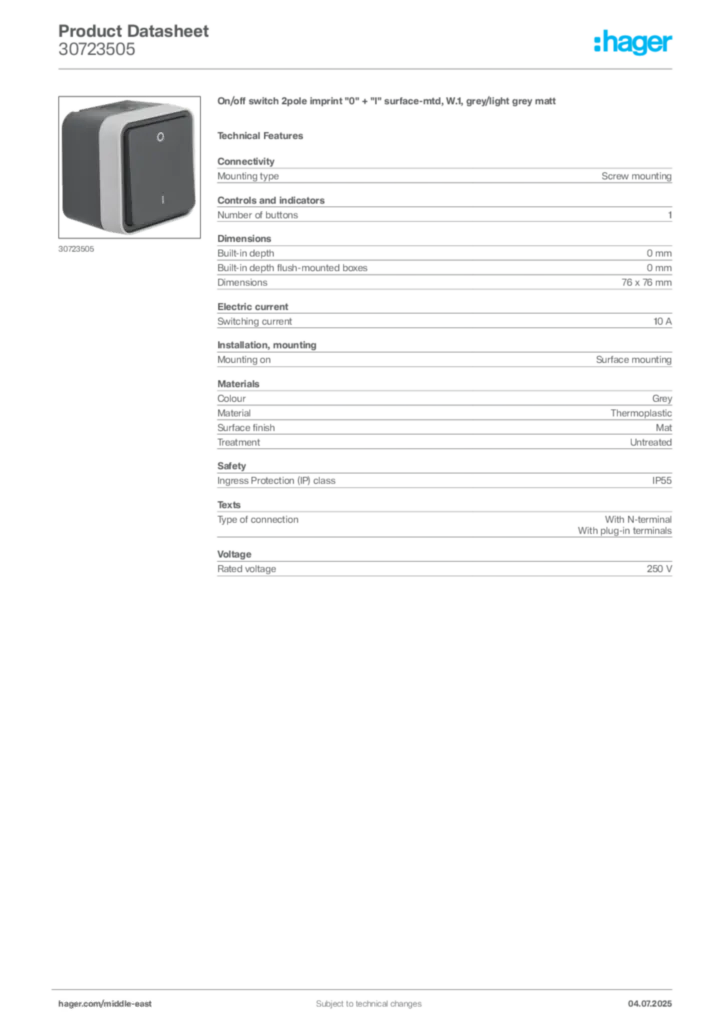 Image Hager Product data sheet 30723505  | Hager