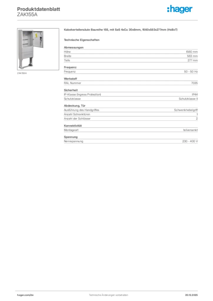 Bild Hager Produktdatenblatt ZAK155A | Hager Deutschland