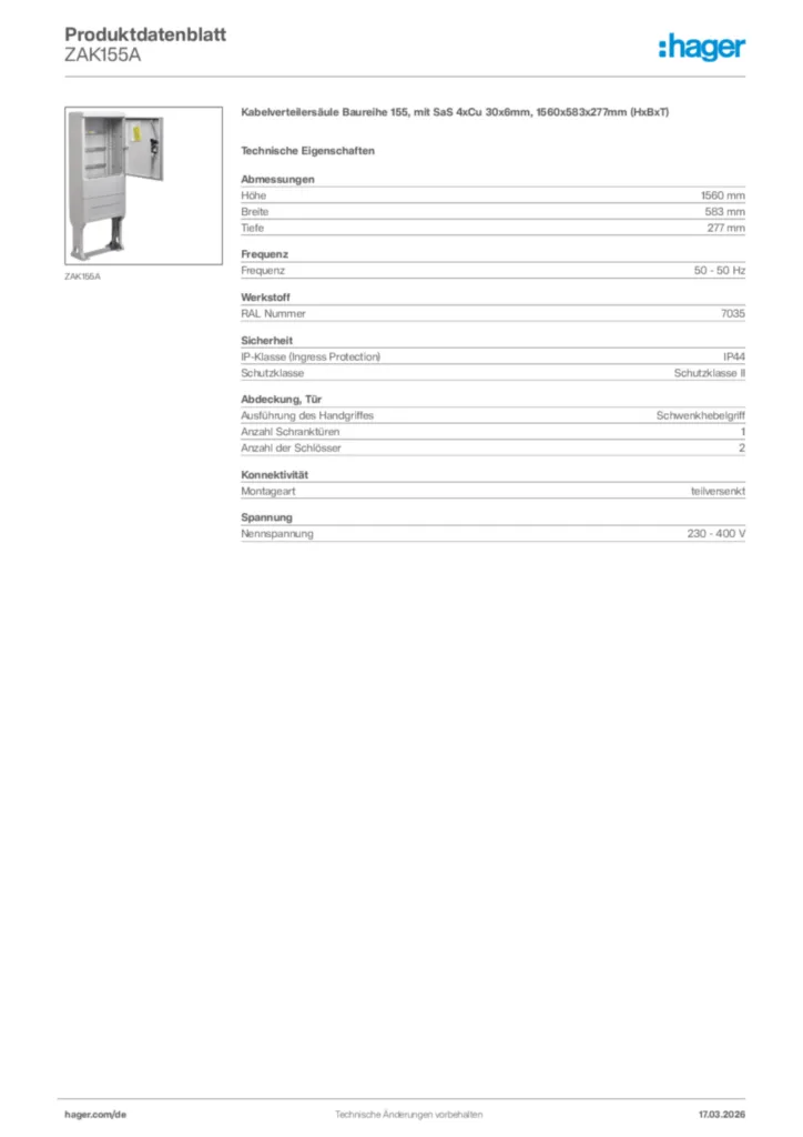 Bild Hager Produktdatenblatt ZAK155A | Hager Deutschland