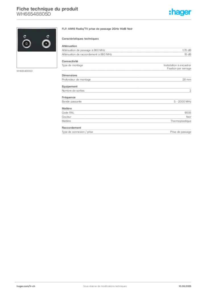 Image Hager Fiche technique du produit WH66548805D | Hager Suisse