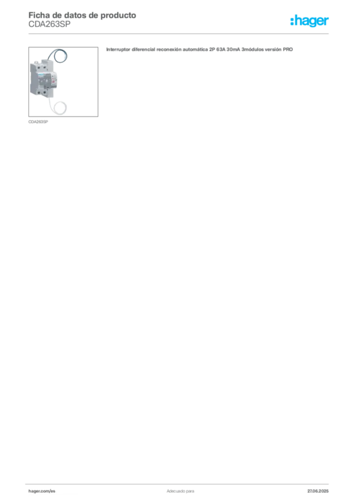 Imagen Hager Ficha de datos de producto CDA263SP | Hager España