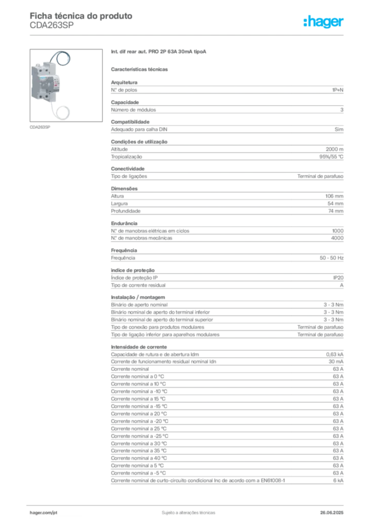 Imagem Hager Ficha técnica do produto CDA263SP | Hager Portugal