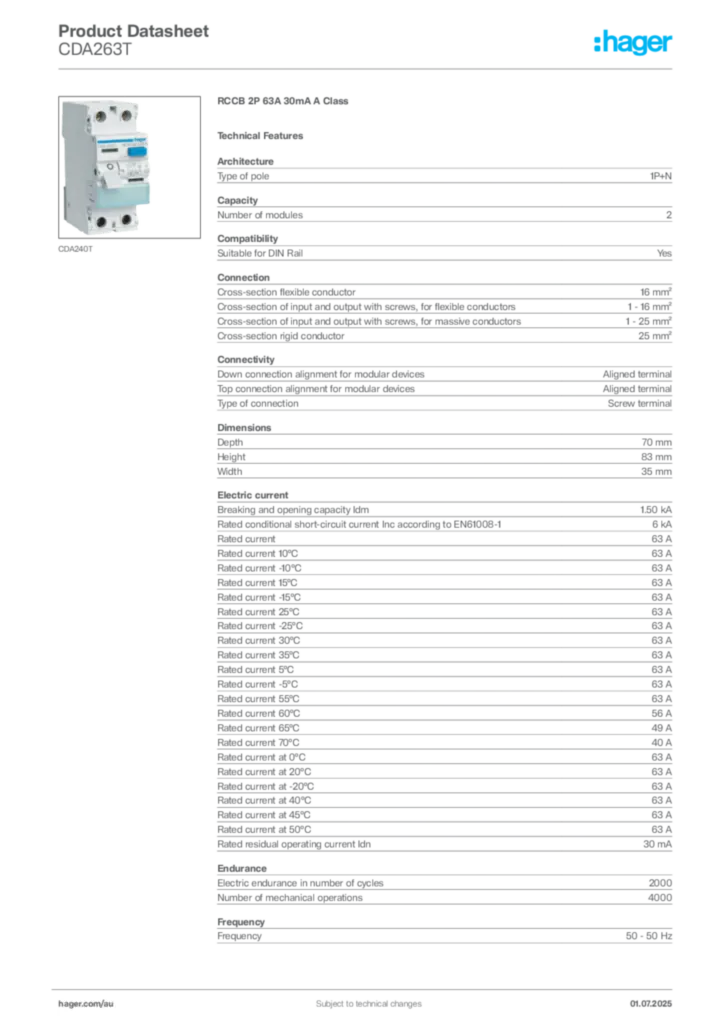 Image Hager Product data sheet CDA263T  | Hager Australia