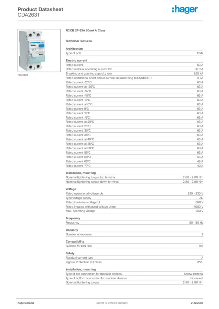 Image Hager Product data sheet CDA263T  | Hager New Zealand