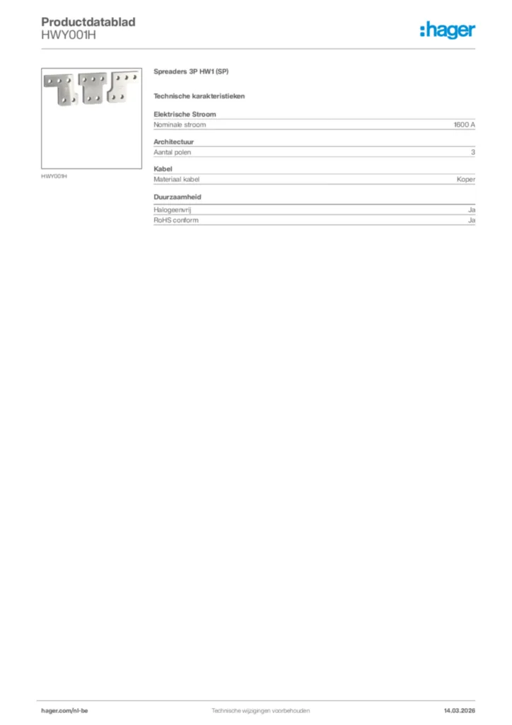 Afbeelding Hager Productdatablad HWY001H | Hager Belgium