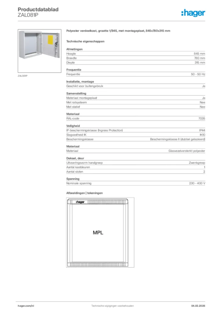 Afbeelding Hager Productdatablad ZAL081P | Hager Nederland