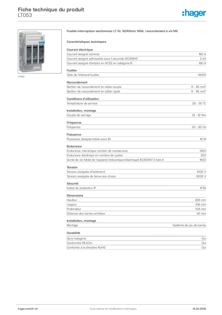Image Hager Fiche technique du produit LT053 | Hager Suisse