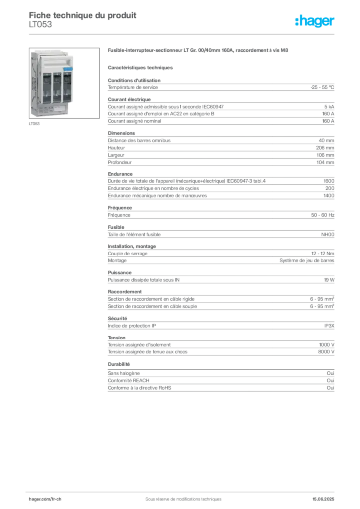 Image Hager Fiche technique du produit LT053 | Hager Suisse
