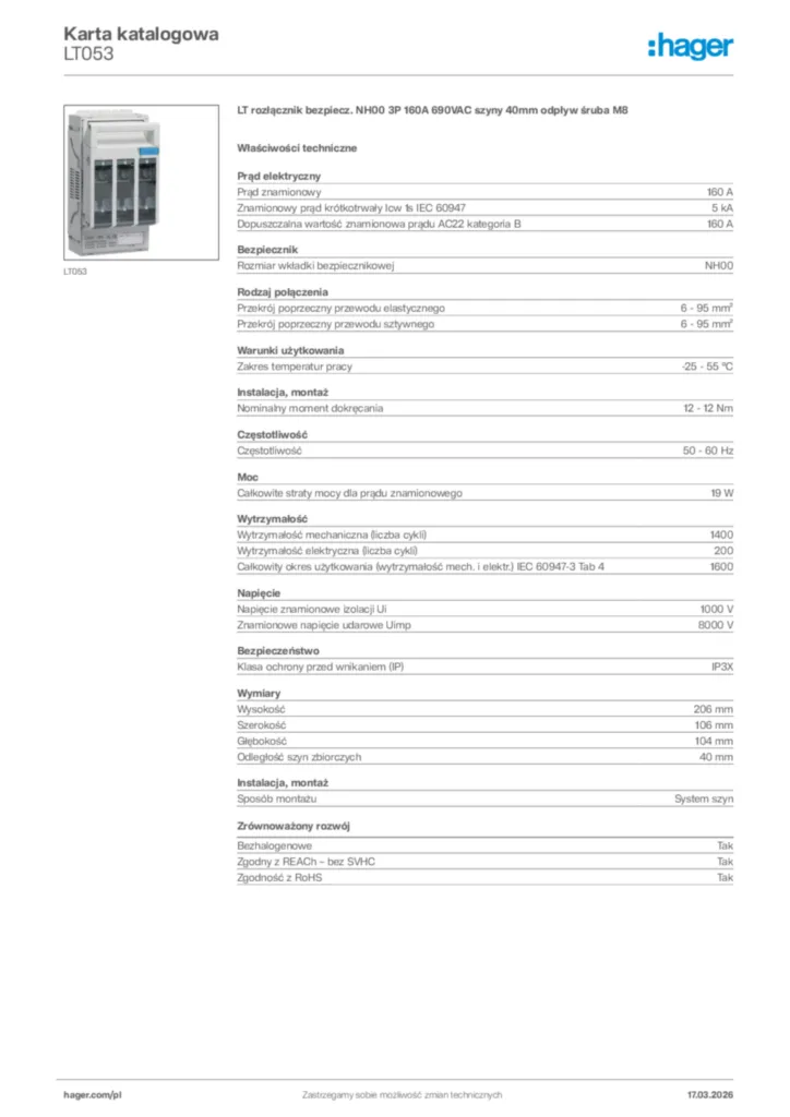 Zdjęcie Hager Karta katalogowa LT053 | Hager Polska