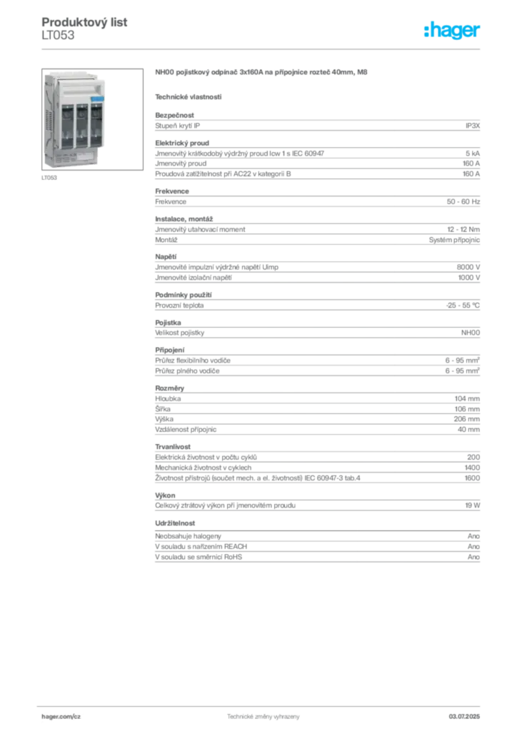 Obrázek Hager Produktový list LT053 | Hager