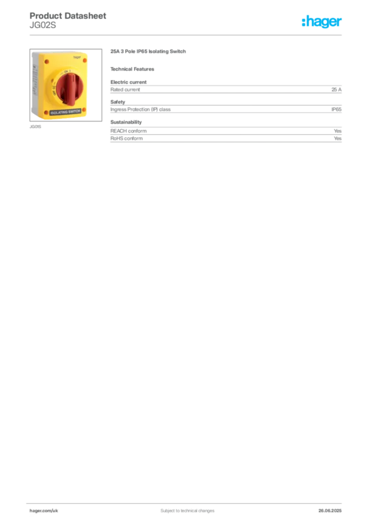 Image Hager Product data sheet JG02S  | Hager
