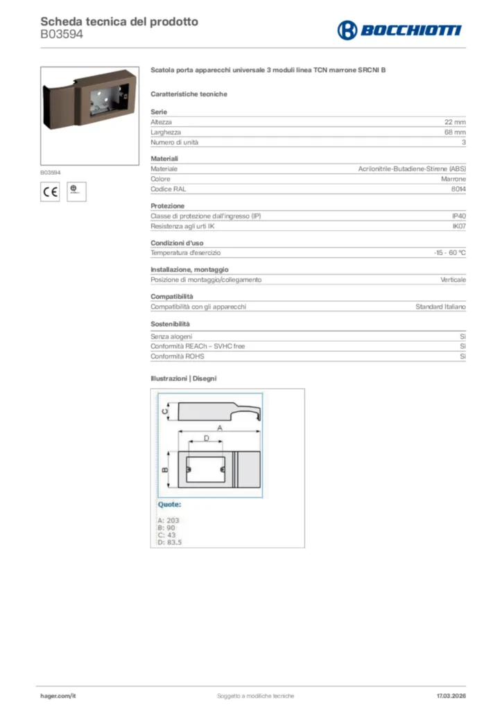 Immagine Bocchiotti Scheda tecnica del prodotto B03594 | Hager Italia