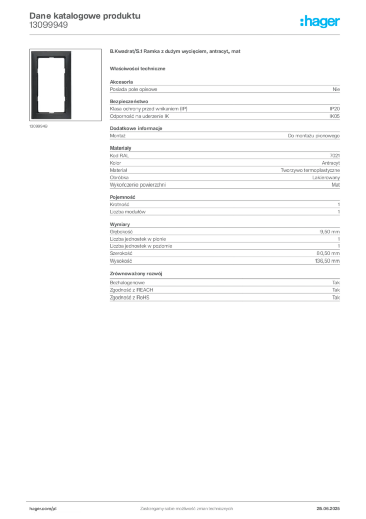 Zdjęcie Hager Dane katalogowe produktu 13099949 | Hager Polska