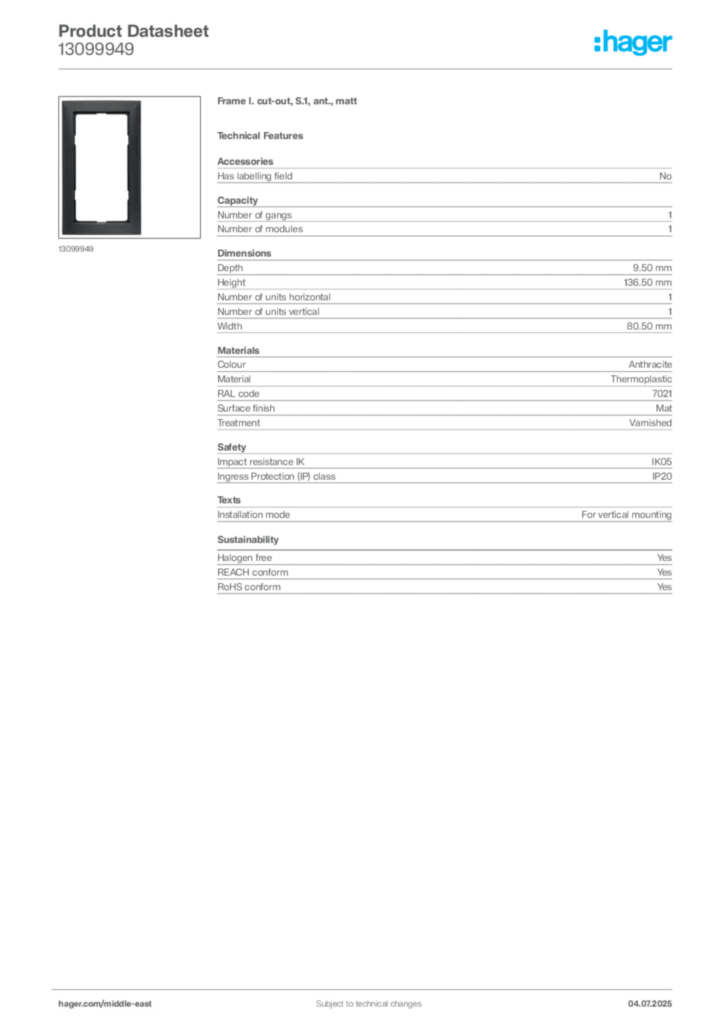 Image Hager Product data sheet 13099949  | Hager