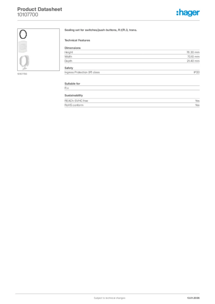 Image Hager Product data sheet 10107700  | Hager