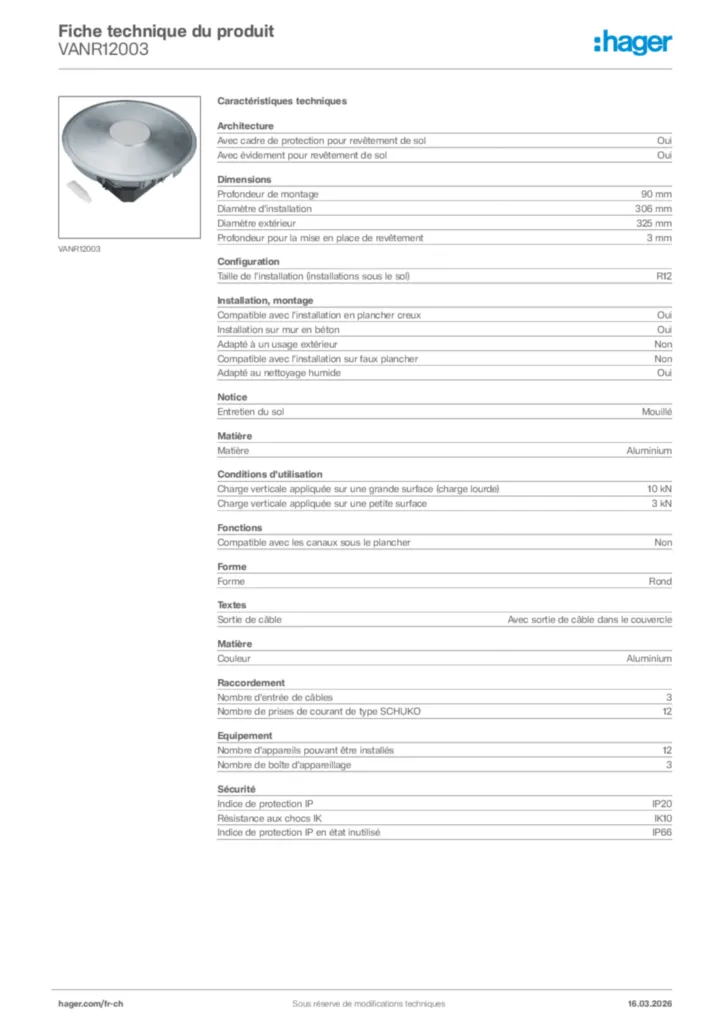 Image Hager Fiche technique du produit VANR12003 | Hager Suisse