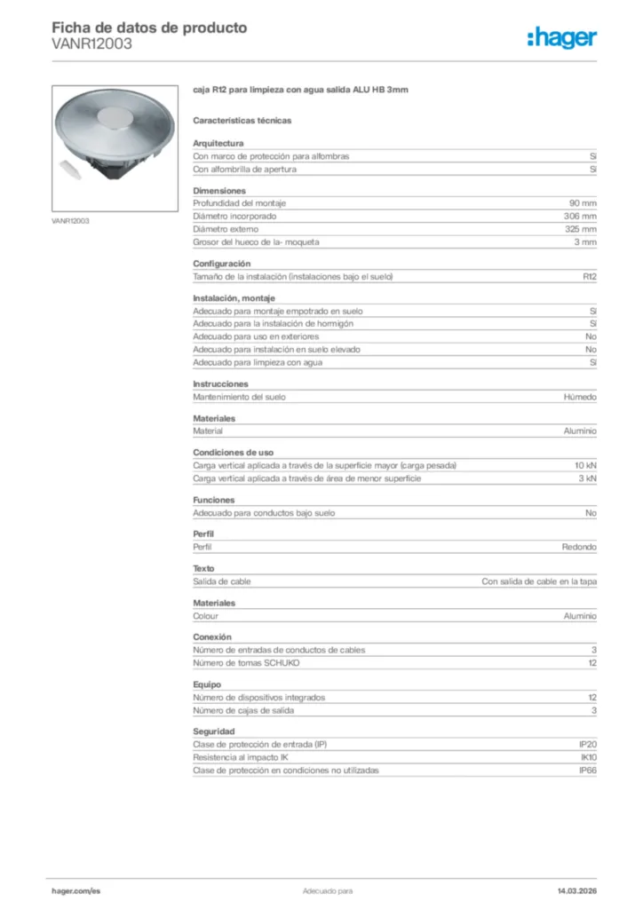 Imagen Hager Ficha de datos de producto VANR12003 | Hager España