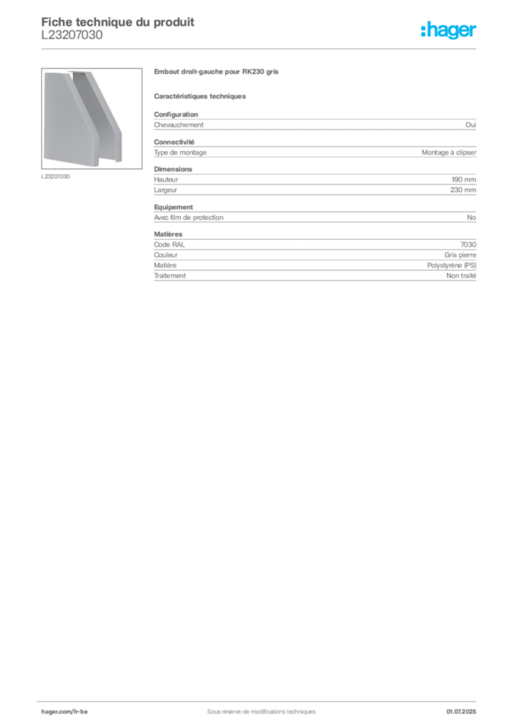 Image Hager Fiche technique du produit L23207030 | Hager Belgique