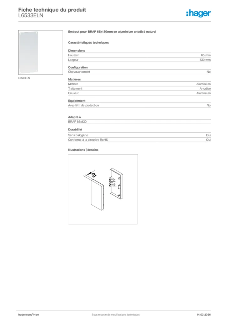 Image Hager Fiche technique du produit L6533ELN | Hager Belgique