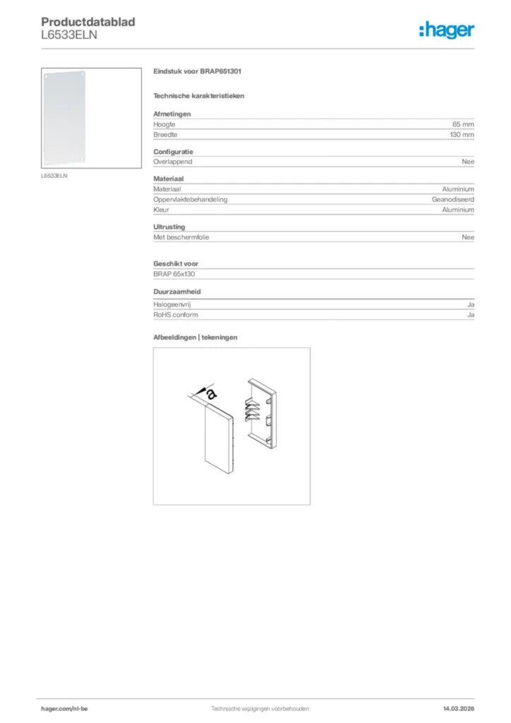 Afbeelding Hager Productdatablad L6533ELN | Hager Belgium