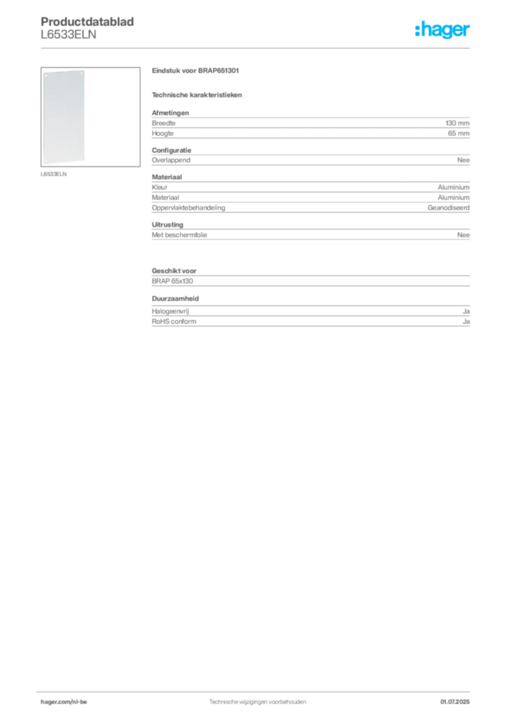 Afbeelding Hager Productdatablad L6533ELN | Hager Belgium