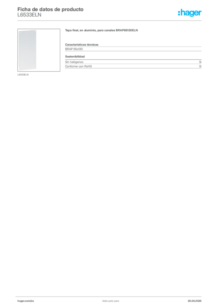 Imagen Hager Ficha de datos de producto L6533ELN | Hager España