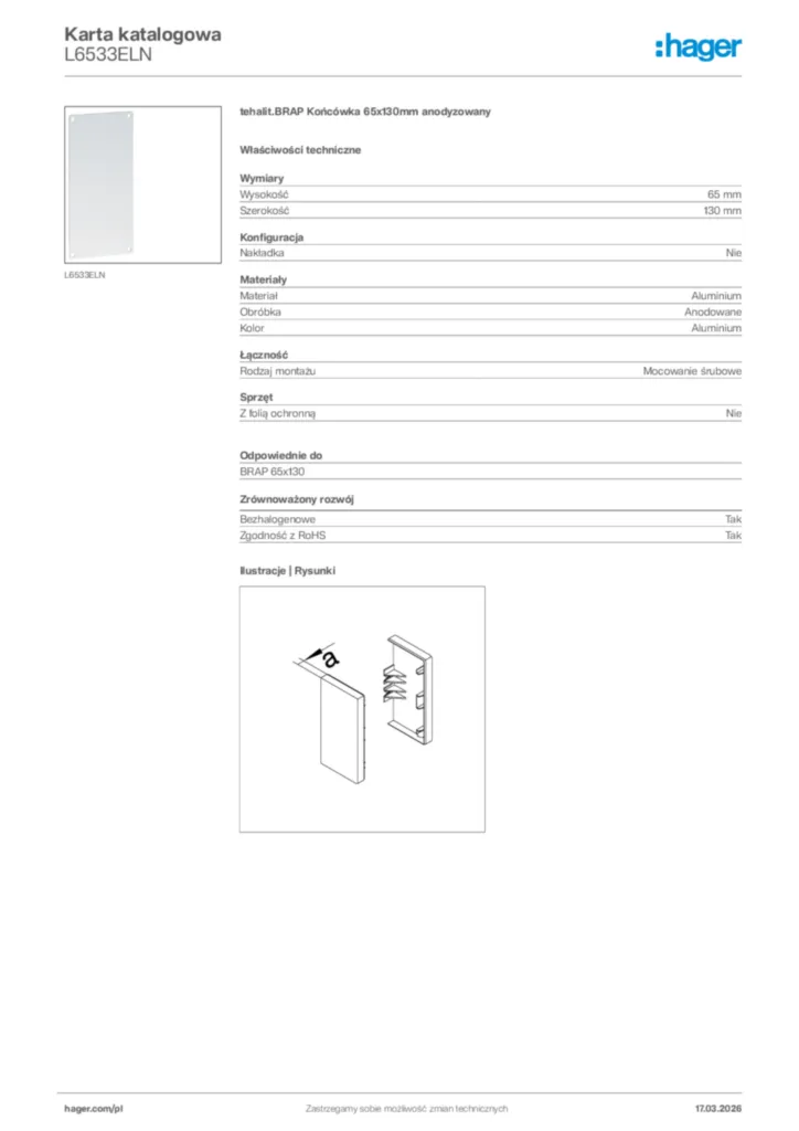 Zdjęcie Hager Karta katalogowa L6533ELN | Hager Polska