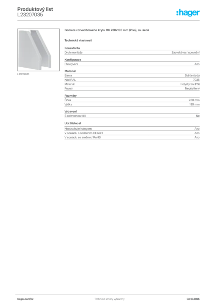 Obrázek Hager Produktový list L23207035 | Hager