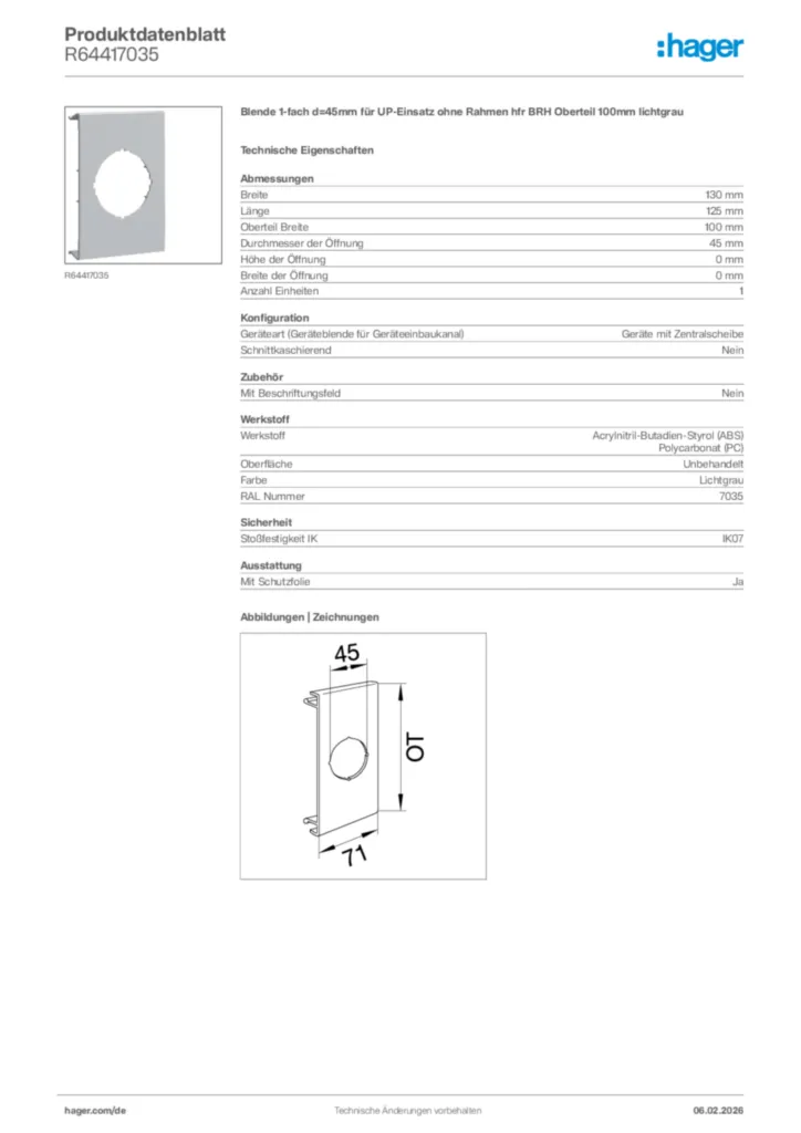 Bild Hager Produktdatenblatt R64417035 | Hager Deutschland